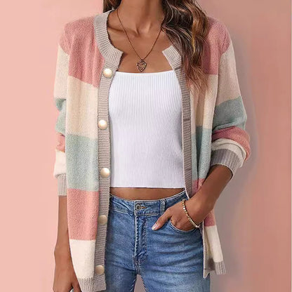 Women's Color Block Cardigan Button Front Knit Long Sleeve