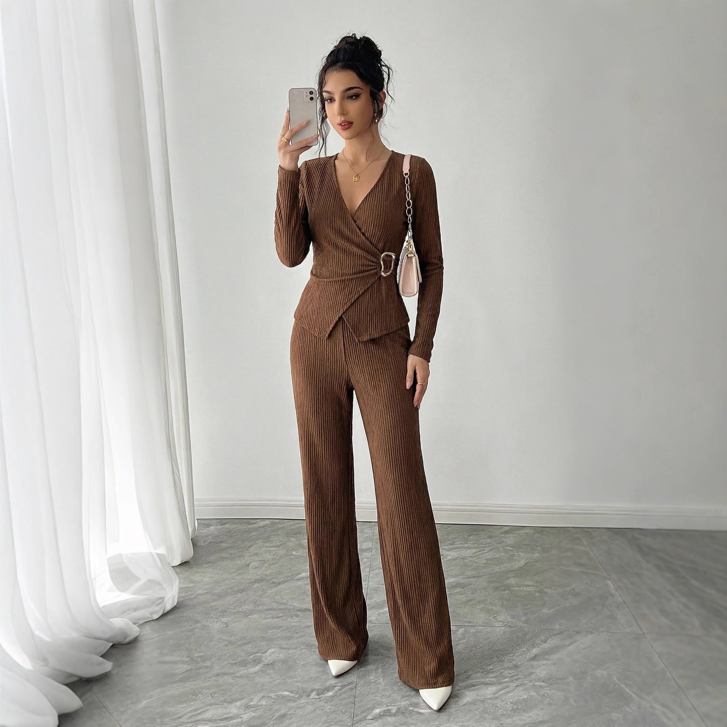 Ribbed Knit Wrap Lounge Set V Neck Top Wide Leg Pants