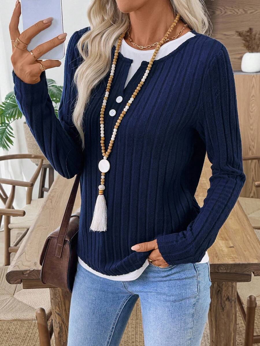 Ribbed Faux Layered Henley Long Sleeve Casual Top