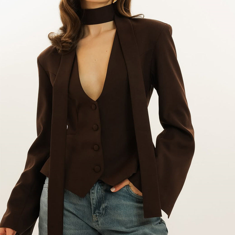 Women's Scarf Neck V-Neck Slim Fit Blazer Long Sleeve