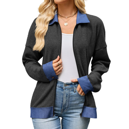 Women's Denim Contrast Zip Jacket Collared Long Sleeve