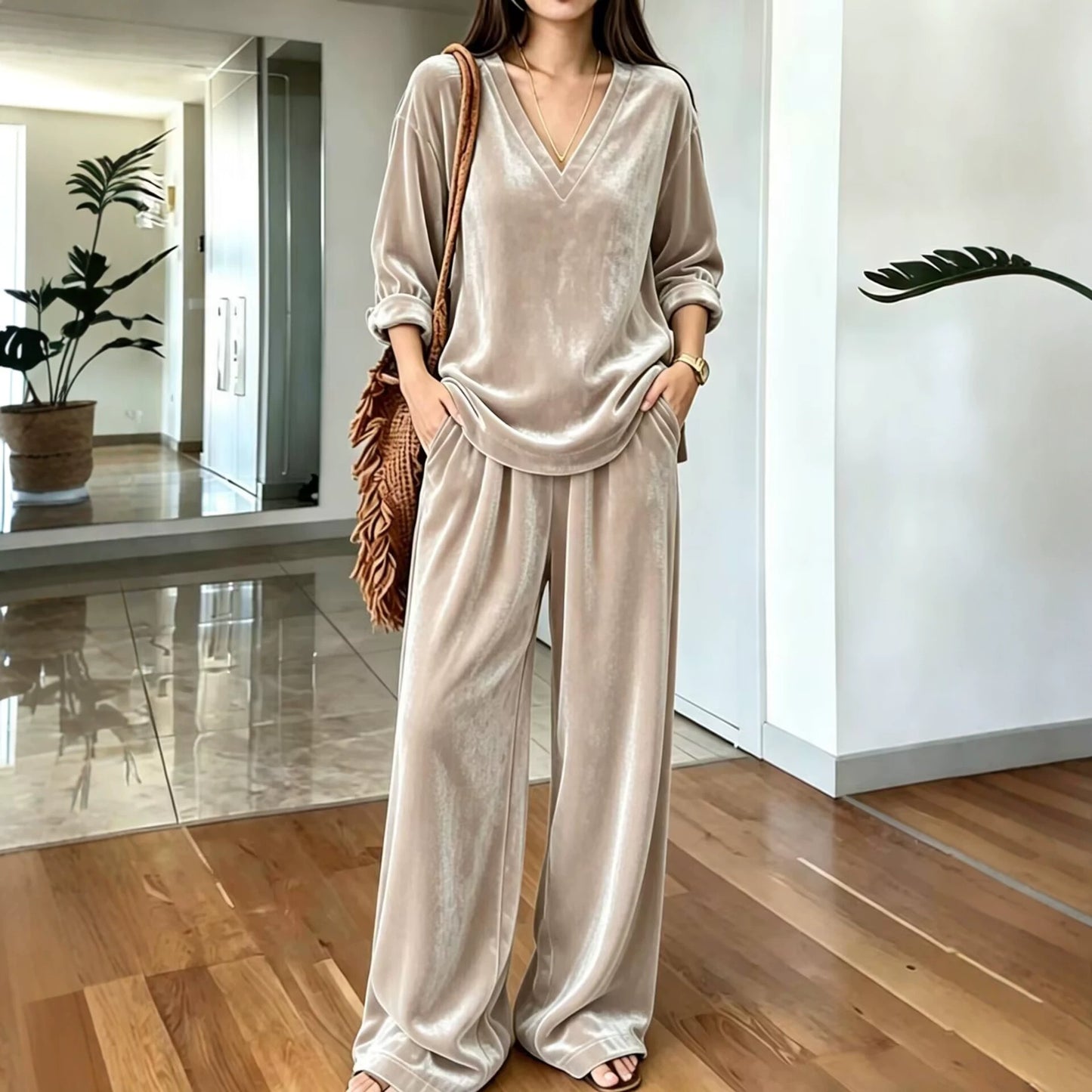 Women's Velvet V Neck Wide Leg Pants Two Piece Lounge Set