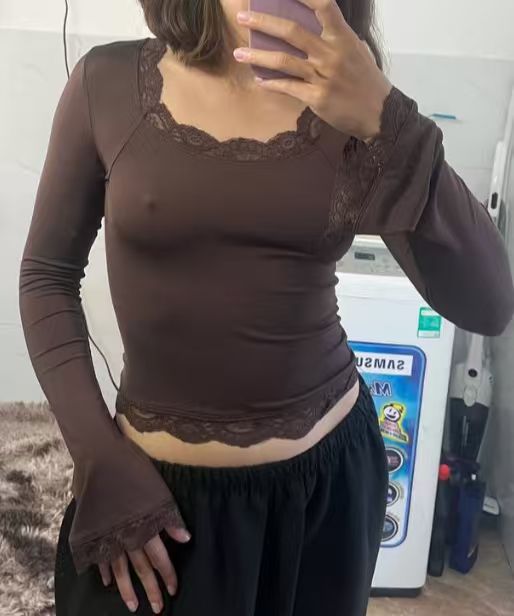 Women Lace Trim Flare Sleeve Crop Top Y2K Sexy