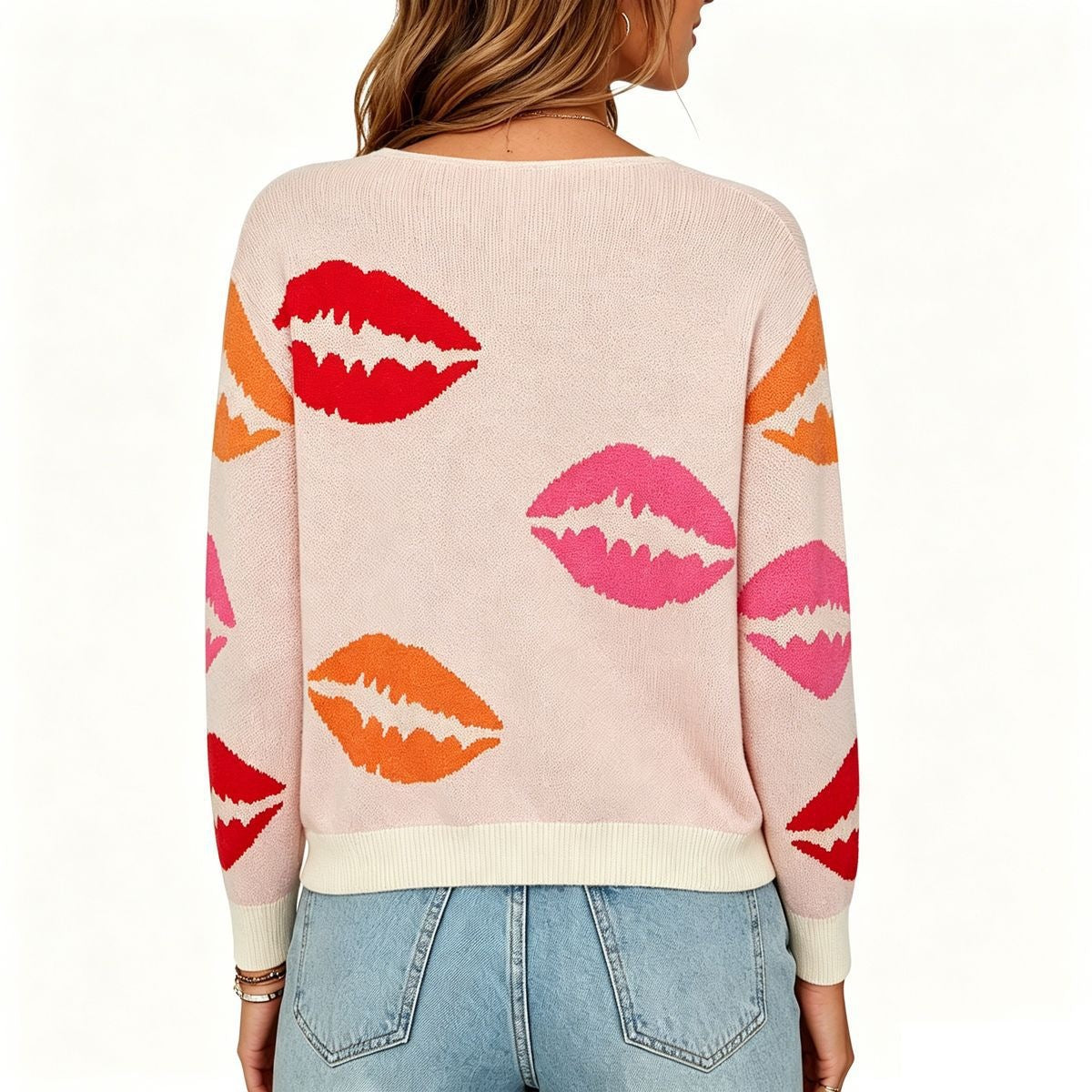 Lip Print V Neck Sweater Y2K Valentine Knit Pullover