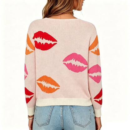 Lip Print V Neck Sweater Y2K Valentine Knit Pullover