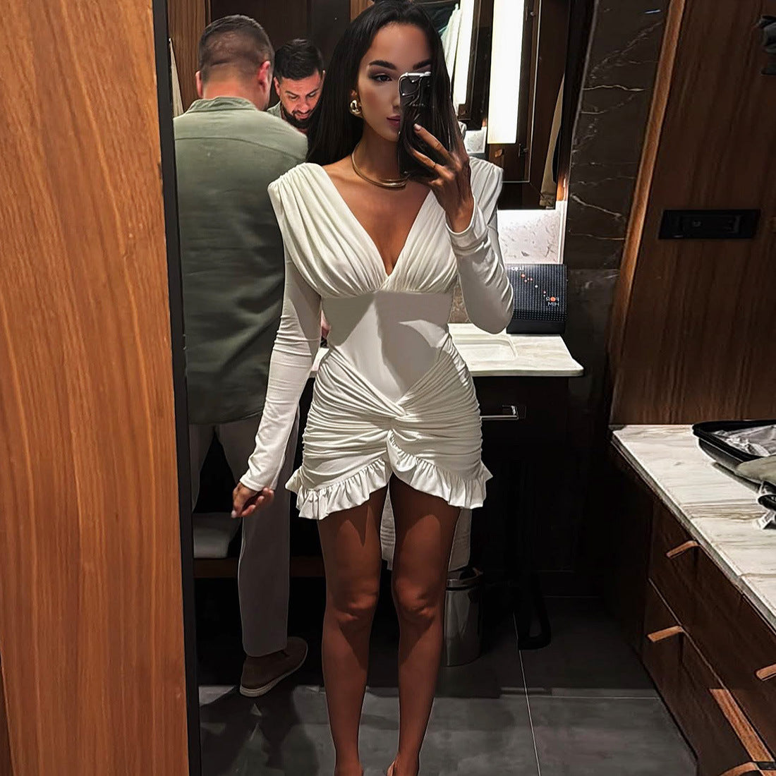 Sexy Ruched V Neck Long Sleeve Bodycon Mini Dress