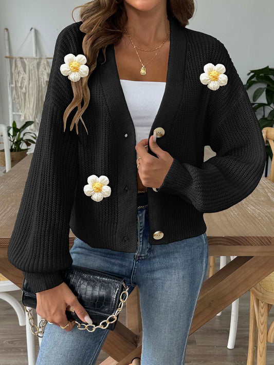 Floral Button-Up Cardigan | Cozy Crochet Trim Sweater