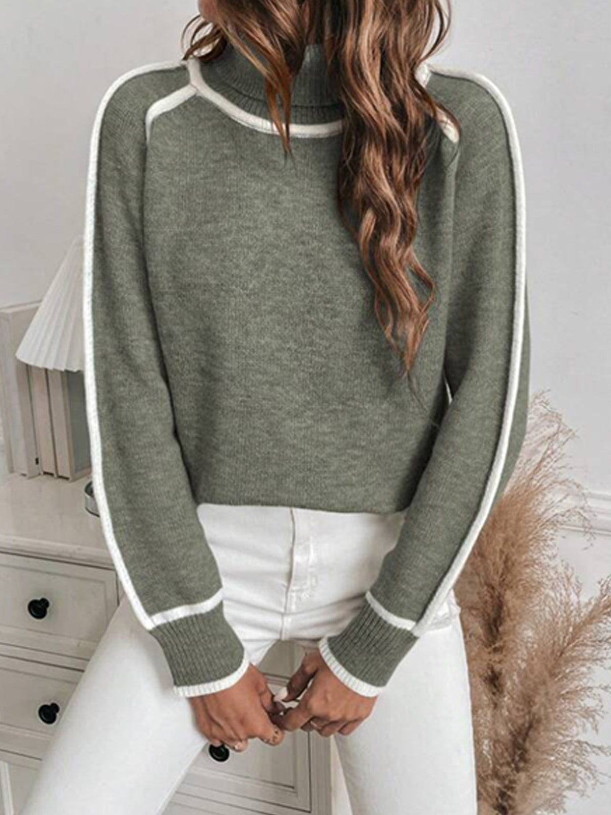 Women's Oversized Turtleneck Sweater Contrast Trim Pullover
