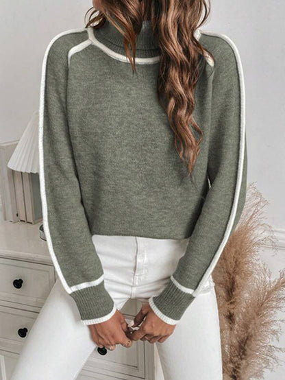 Women's Oversized Turtleneck Sweater Contrast Trim Pullover