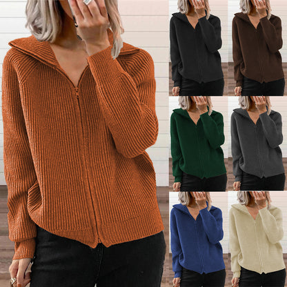 Oversized Ribbed Zip Up Collared Cardigan