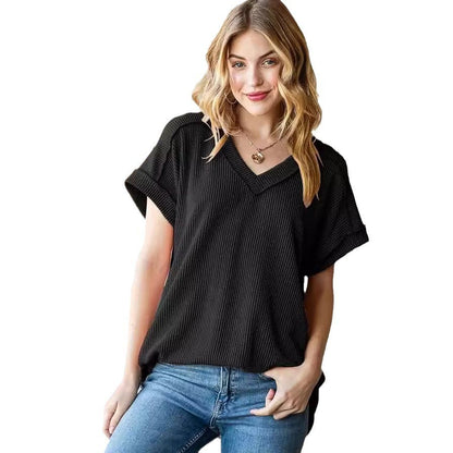 Trendy V-neck Jacquard Knit Loose Short Sleeve T-shirt