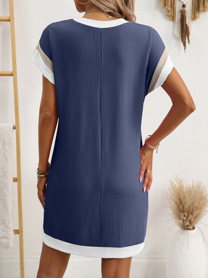 Color Block Ribbed T Shirt Dress Pocket Casual Summer