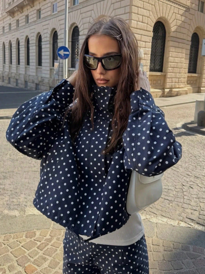 Polka Dot Zip Jacket Stand Collar Pocket Loose Coat
