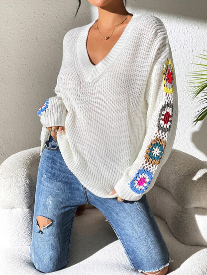 Fall/Winter Casual Loose V-Neck Crochet Floral Sweater