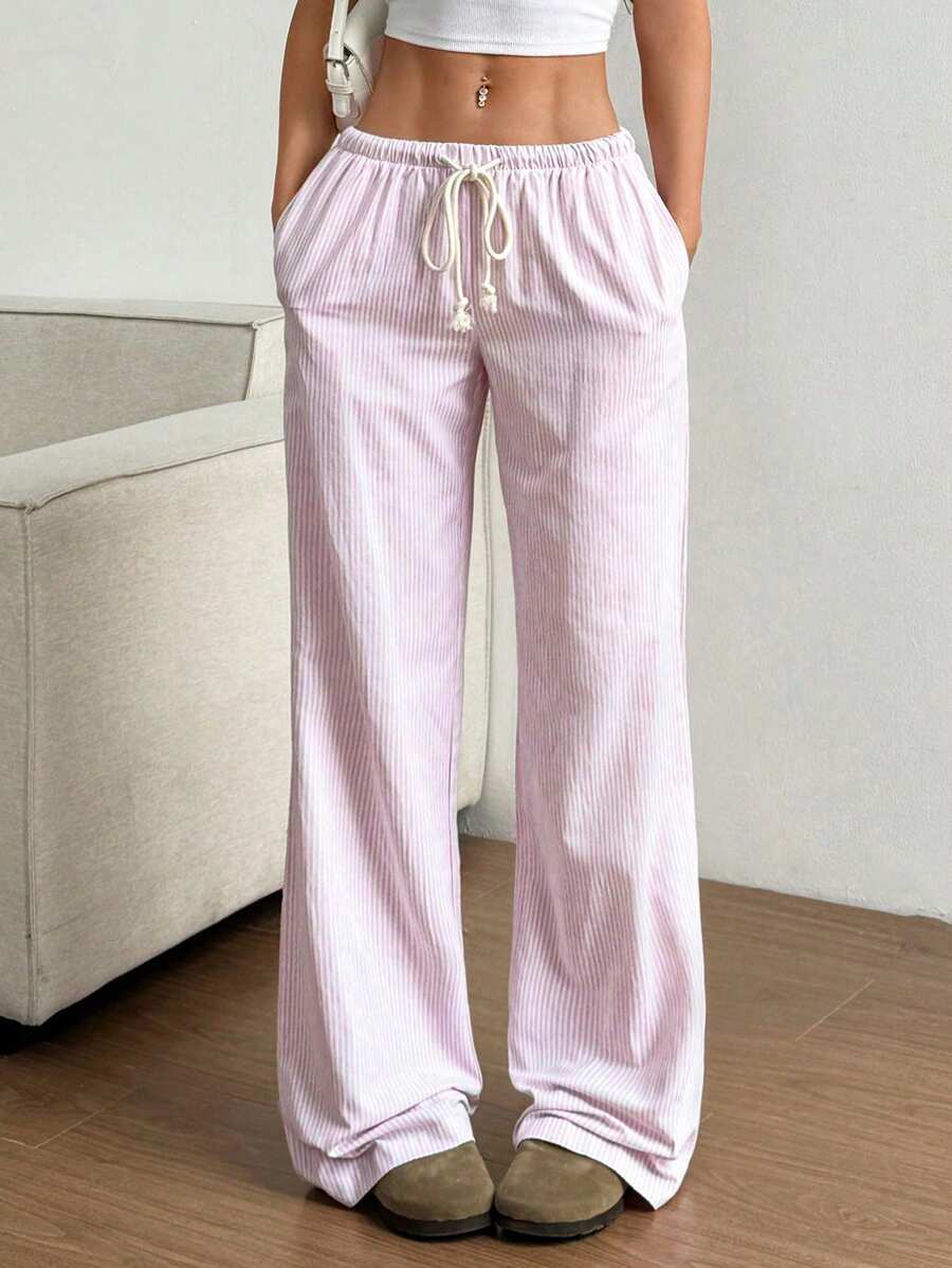 Women's Striped Wide Leg Drawstring Casual Pants