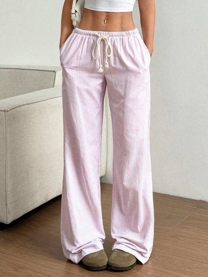 Women's Striped Wide Leg Drawstring Casual Pants