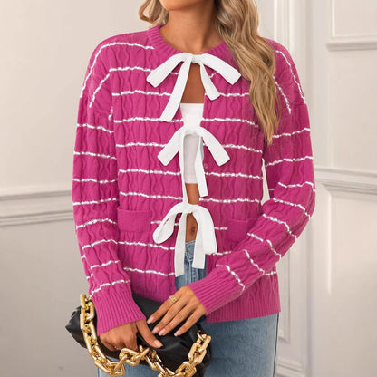 Women's Striped Bow Tie Front Cardigan Sweater