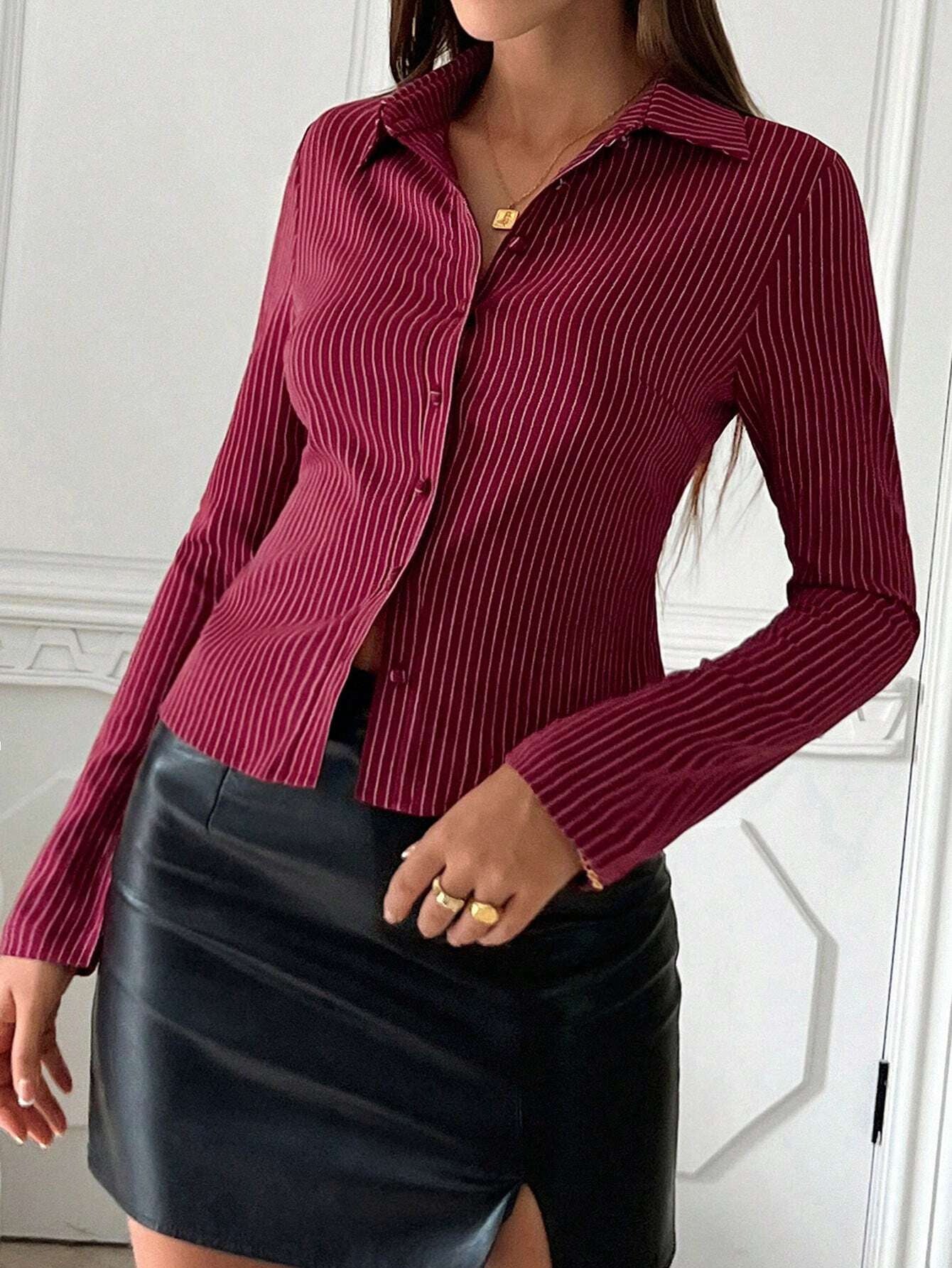 Striped V Neck Button Down Fitted Shirt Blouse for Women