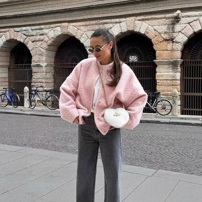 Women's Pink Cropped Sherpa Fleece Jacket Winter Coat