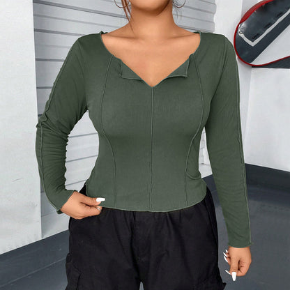Women's Slim short design niche v-neck t-shirt women's long-sleeved inner bottoming shirt tops