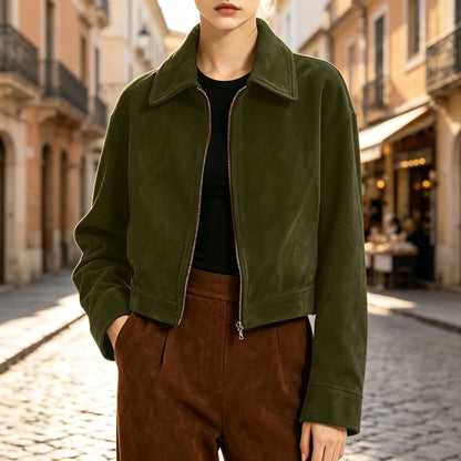 Womens Faux Suede Cropped Zip Up Jacket Vintage Casual