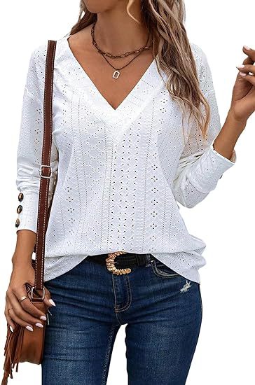 Women's Loose V-Neck Eyelet Long Sleeve Blouse Top
