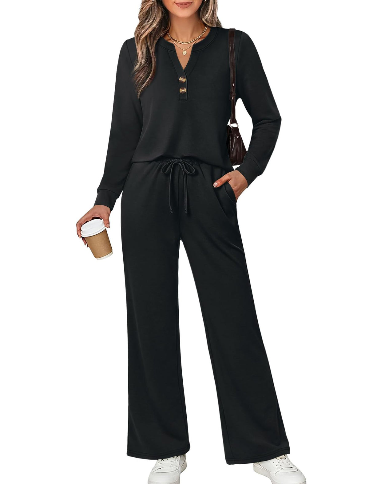 Women's 2 Piece Lounge Set Henley Top Wide Leg Pants