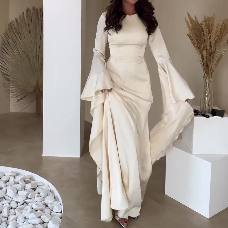 Women Satin Bell Sleeve Ruched Evening Maxi Dress