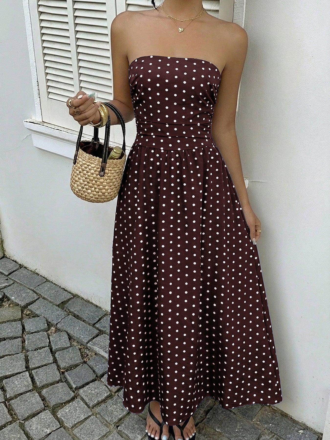 Strapless Polka Dot Maxi Dress Elegant Summer Dress