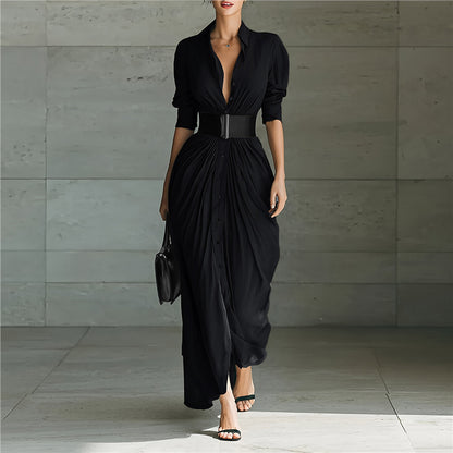 Collared Belted Maxi Shirt Dress Long Sleeve