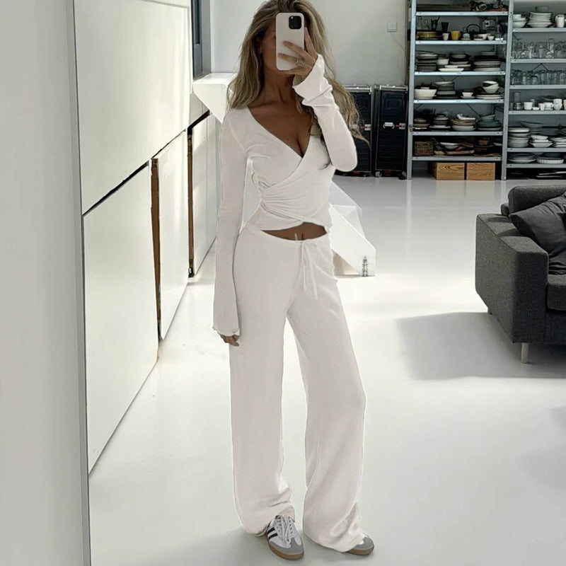 Fleece Flare Sleeve Wrap Top Wide Leg Pants Two Piece Set