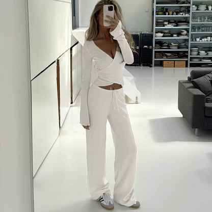 Fleece Flare Sleeve Wrap Top Wide Leg Pants Two Piece Set