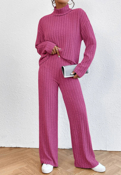 Women's Ribbed Turtleneck Two Piece Pants Set