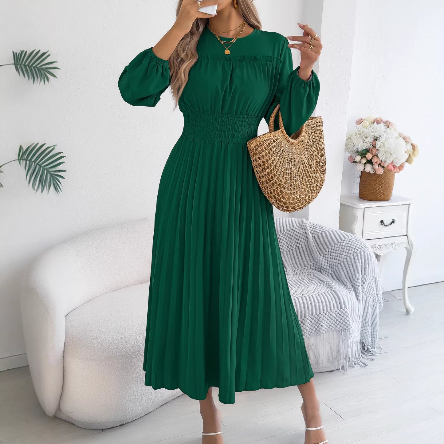 Pleated Maxi Dress Smocked Waist Long Sleeve Midi Dress