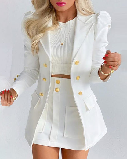 Women's Puff Sleeve Blazer & Mini Skirt 2 Piece Set