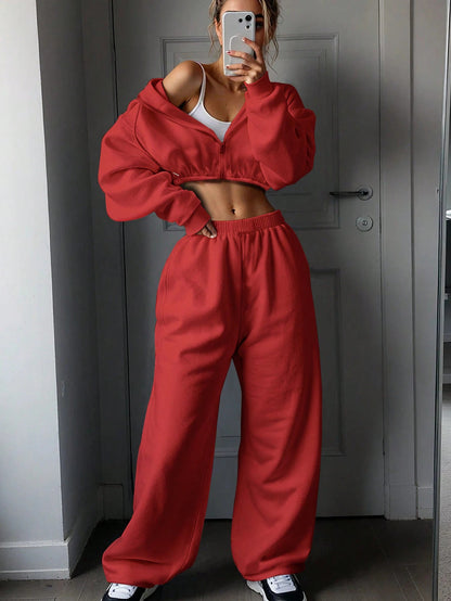 Women's 2 Piece Crop Zip Hoodie Sweatpants Set