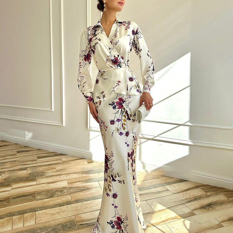 Women's Floral Long Sleeve Tie Waist Top & Maxi Skirt Set