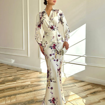 Women's Floral Long Sleeve Tie Waist Top & Maxi Skirt Set