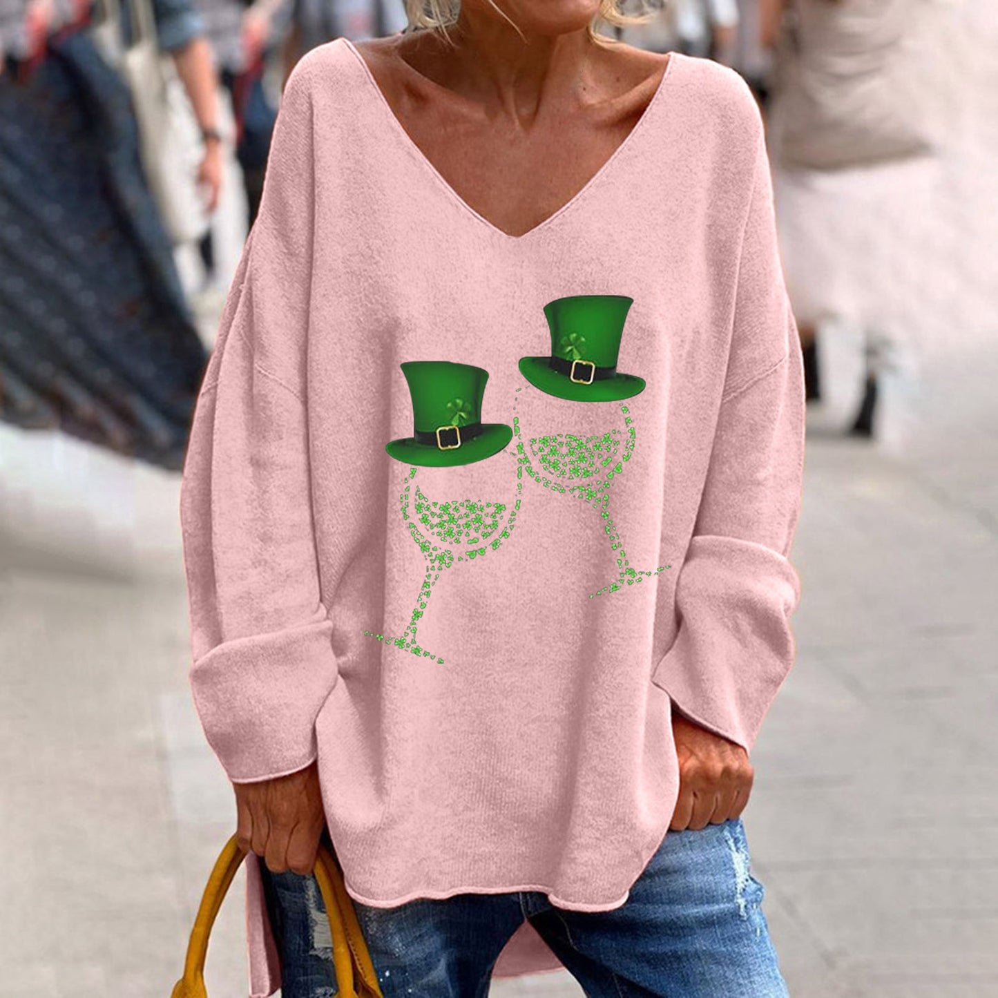 Women's St. Patrick's Day V-Neck Long Sleeve Oversized Tee