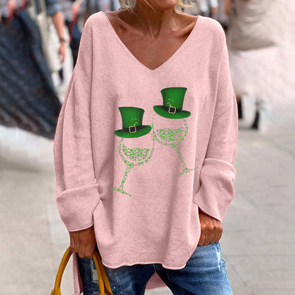 Women's St. Patrick's Day V-Neck Long Sleeve Oversized Tee