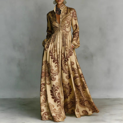 Vintage Floral Maxi Dress Long Sleeve Button Down Pockets