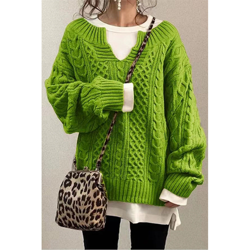 Women's Oversized Cable Knit V-Neck Pullover Sweater