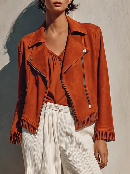 Women's Faux Suede Fringe Moto Jacket Zip Up