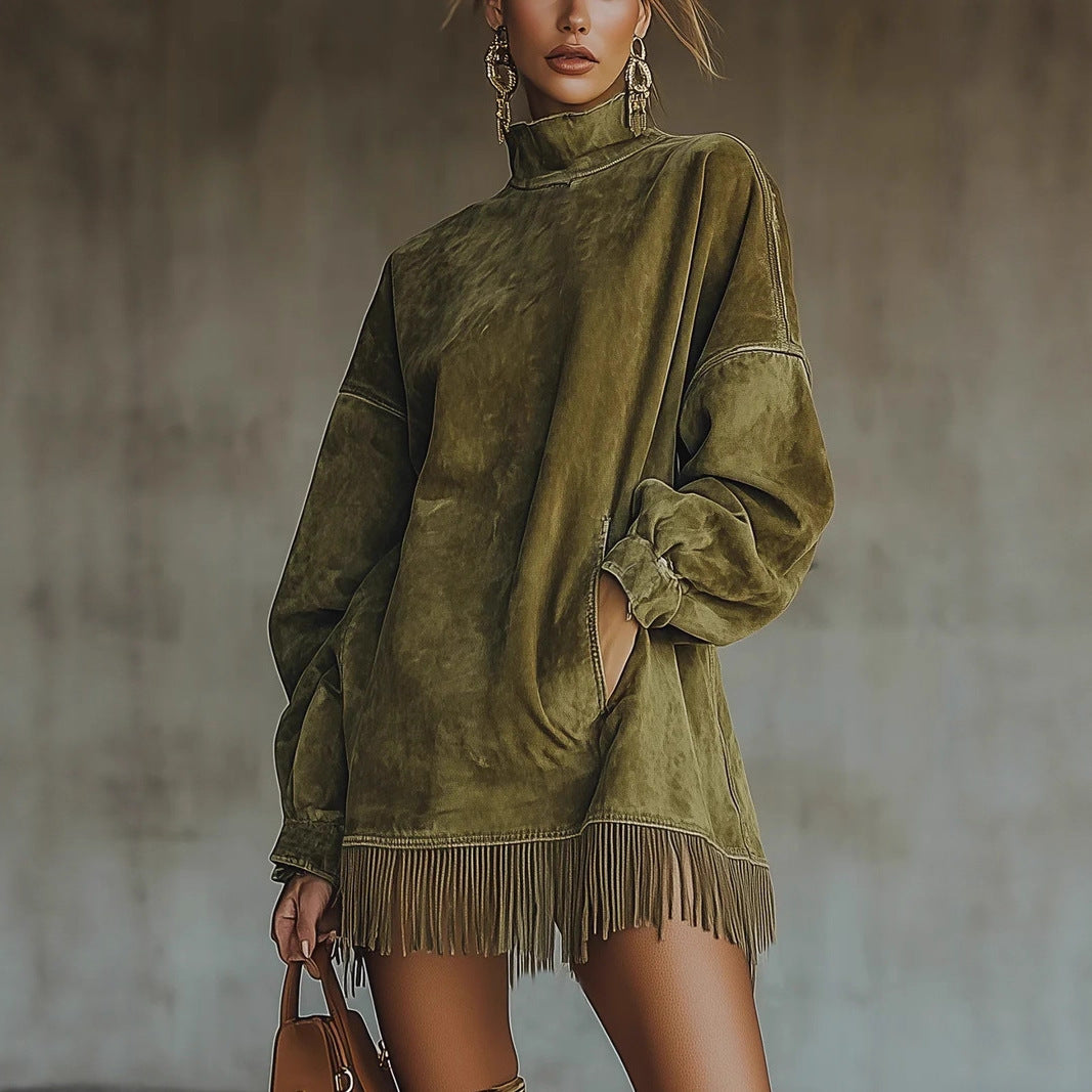 Faux Suede Fringe Dress Mock Neck Long Sleeve Pockets