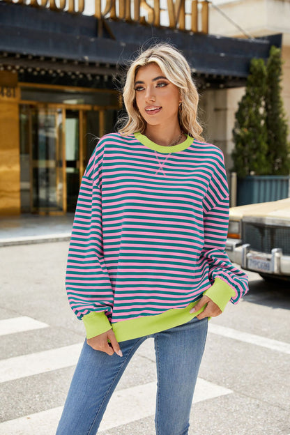 Striped Color Block Crew Neck Loose Fit Long Sleeve Sweatshirt