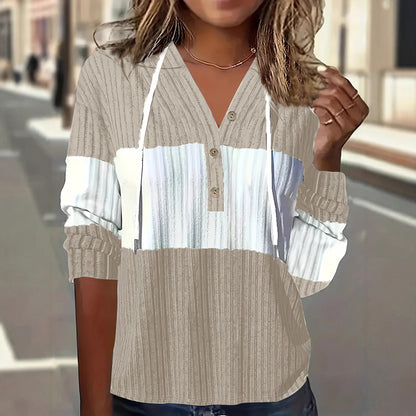 Women's Color Block V-Neck Hooded Knit Sweatshirt