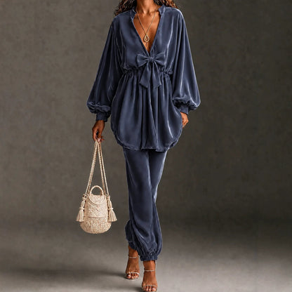 Velvet Bow Front Balloon Sleeve Jogger Set