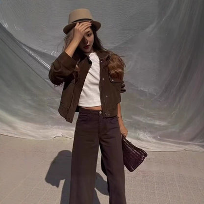Women Vintage Brown Faux Suede Cropped Bomber Jacket