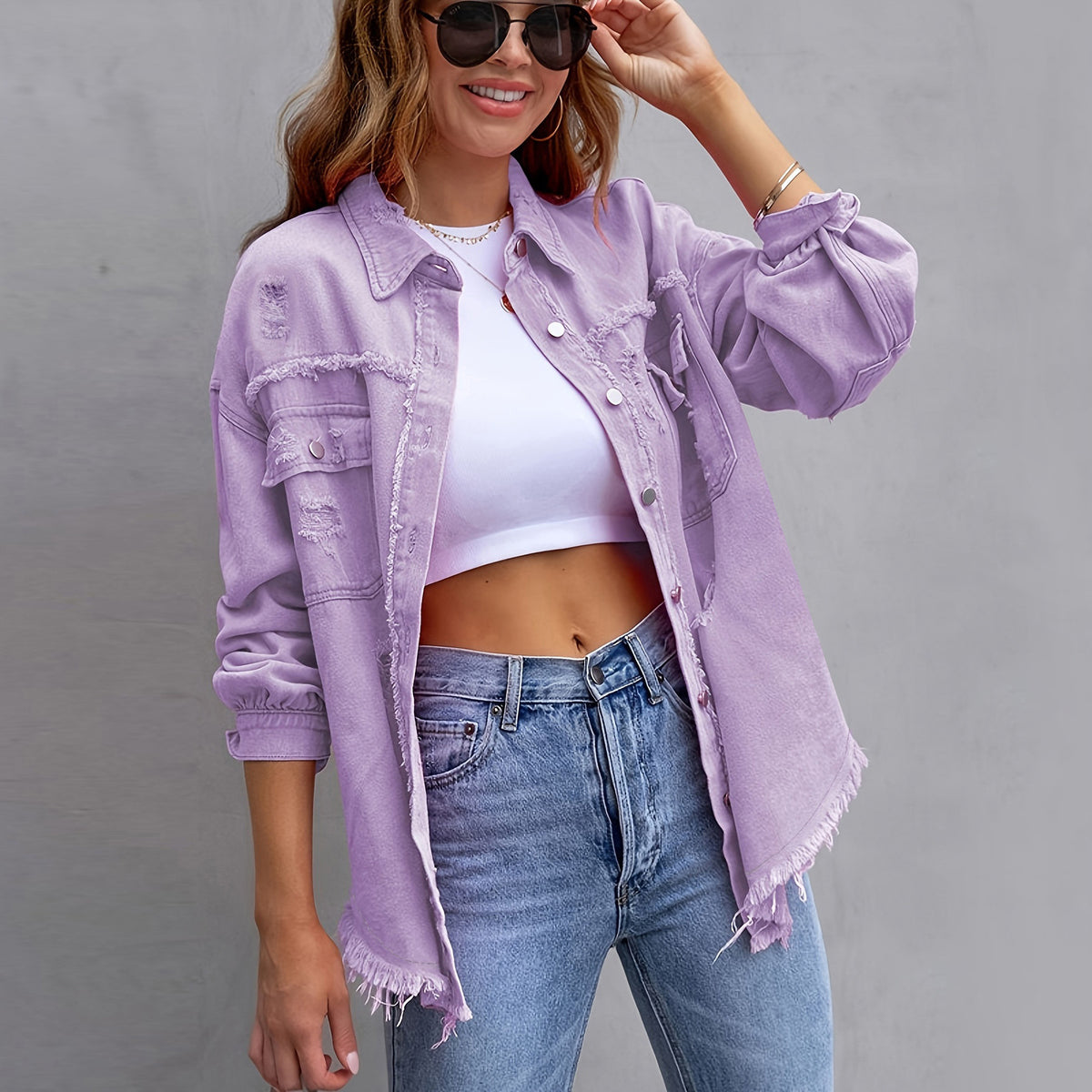 Women's Oversized Denim Jacket Distressed Frayed Hem