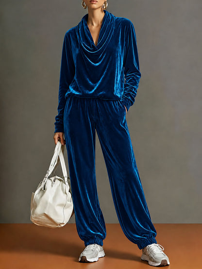 Women's Velvet Cowl Neck 2 Piece Lounge Set